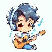 mignonne garçon en jouant guitare et écoute à la musique avec casque dans dessin animé style. jeunesse journée ou la musique journée concept par ai généré photo