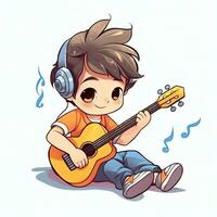 mignonne garçon en jouant guitare et écoute à la musique avec casque dans dessin animé style. jeunesse journée ou la musique journée concept par ai généré photo