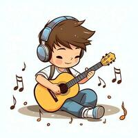 mignonne garçon en jouant guitare et écoute à la musique avec casque dans dessin animé style. jeunesse journée ou la musique journée concept par ai généré photo