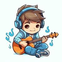 mignonne garçon en jouant guitare et écoute à la musique avec casque dans dessin animé style. jeunesse journée ou la musique journée concept par ai généré photo