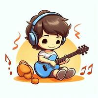 mignonne garçon en jouant guitare et écoute à la musique avec casque dans dessin animé style. jeunesse journée ou la musique journée concept par ai généré photo