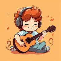 mignonne garçon en jouant guitare et écoute à la musique avec casque dans dessin animé style. jeunesse journée ou la musique journée concept par ai généré photo