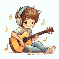 mignonne garçon en jouant guitare et écoute à la musique avec casque dans dessin animé style. jeunesse journée ou la musique journée concept par ai généré photo