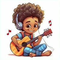 mignonne garçon en jouant guitare et écoute à la musique avec casque dans dessin animé style. jeunesse journée ou la musique journée concept par ai généré photo