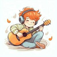 mignonne garçon en jouant guitare et écoute à la musique avec casque dans dessin animé style. jeunesse journée ou la musique journée concept par ai généré photo