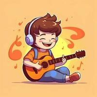 mignonne garçon en jouant guitare et écoute à la musique avec casque dans dessin animé style. jeunesse journée ou la musique journée concept par ai généré photo