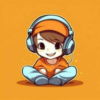 mignonne garçon en jouant guitare et écoute à la musique avec casque dans dessin animé style. jeunesse journée ou la musique journée concept par ai généré photo