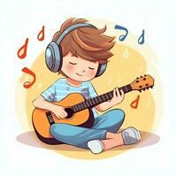 mignonne garçon en jouant guitare et écoute à la musique avec casque dans dessin animé style. jeunesse journée ou la musique journée concept par ai généré photo