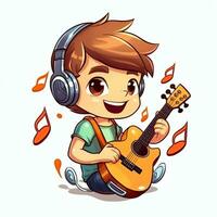 mignonne garçon en jouant guitare et écoute à la musique avec casque dans dessin animé style. jeunesse journée ou la musique journée concept par ai généré photo