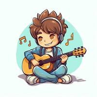 mignonne garçon en jouant guitare et écoute à la musique avec casque dans dessin animé style. jeunesse journée ou la musique journée concept par ai généré photo