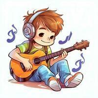 mignonne garçon en jouant guitare et écoute à la musique avec casque dans dessin animé style. jeunesse journée ou la musique journée concept par ai généré photo