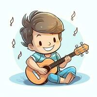 mignonne garçon en jouant guitare et écoute à la musique avec casque dans dessin animé style. jeunesse journée ou la musique journée concept par ai généré photo