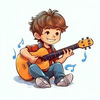 mignonne garçon en jouant guitare et écoute à la musique avec casque dans dessin animé style. jeunesse journée ou la musique journée concept par ai généré photo