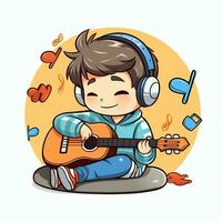 mignonne garçon en jouant guitare et écoute à la musique avec casque dans dessin animé style. jeunesse journée ou la musique journée concept par ai généré photo