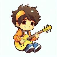mignonne garçon en jouant guitare et écoute à la musique avec casque dans dessin animé style. jeunesse journée ou la musique journée concept par ai généré photo