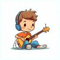 mignonne garçon en jouant guitare et écoute à la musique avec casque dans dessin animé style. jeunesse journée ou la musique journée concept par ai généré photo