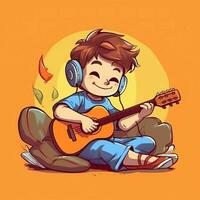 mignonne garçon en jouant guitare et écoute à la musique avec casque dans dessin animé style. jeunesse journée ou la musique journée concept par ai généré photo