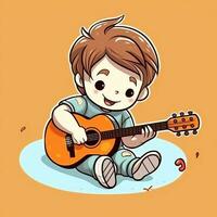 mignonne garçon en jouant guitare et écoute à la musique avec casque dans dessin animé style. jeunesse journée ou la musique journée concept par ai généré photo