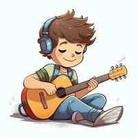 mignonne garçon en jouant guitare et écoute à la musique avec casque dans dessin animé style. jeunesse journée ou la musique journée concept par ai généré photo