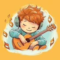 mignonne garçon en jouant guitare et écoute à la musique avec casque dans dessin animé style. jeunesse journée ou la musique journée concept par ai généré photo