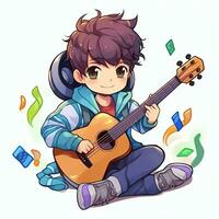 mignonne garçon en jouant guitare et écoute à la musique avec casque dans dessin animé style. jeunesse journée ou la musique journée concept par ai généré photo