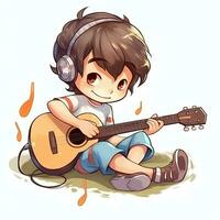 mignonne garçon en jouant guitare et écoute à la musique avec casque dans dessin animé style. jeunesse journée ou la musique journée concept par ai généré photo