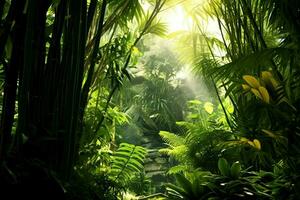 vue de botanique vert bambou tropical forêt dans lumière du jour. Oriental bambou bosquet dans Chine Japonais concept par ai généré photo