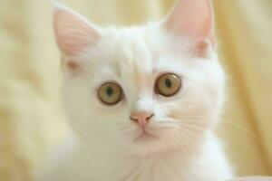 mignonne petit duveteux chaton avec magnifique yeux est séance ou repos. Britanique cheveux courts. chat journée concept par ai généré photo