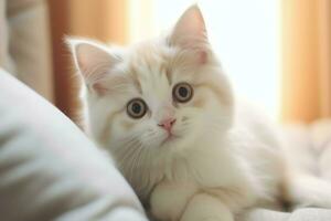 mignonne petit duveteux chaton avec magnifique yeux est séance ou repos. Britanique cheveux courts. chat journée concept par ai généré photo