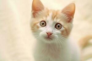 mignonne petit duveteux chaton avec magnifique yeux est séance ou repos. Britanique cheveux courts. chat journée concept par ai généré photo