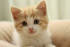 mignonne petit duveteux chaton avec magnifique yeux est séance ou repos. Britanique cheveux courts. chat journée concept par ai généré photo