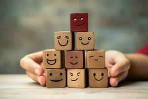 une en bois bloquer étiquette avec content sourire se détendre visage bien retour d'information client. monde mental santé journée concept par ai généré photo