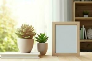 Cadre moquer en haut de Vide image permanent sur une étagère avec succulent plante ou cactus dans scandinave concept par ai généré photo