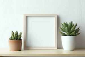 Cadre moquer en haut de Vide image permanent sur une étagère avec succulent plante ou cactus dans scandinave concept par ai généré photo