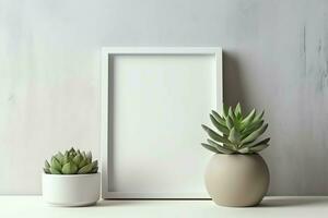 Cadre moquer en haut de Vide image permanent sur une étagère avec succulent plante ou cactus dans scandinave concept par ai généré photo