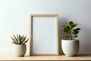 Cadre moquer en haut de Vide image permanent sur une étagère avec succulent plante ou cactus dans scandinave concept par ai généré photo