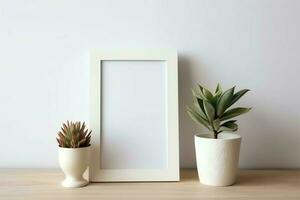 Cadre moquer en haut de Vide image permanent sur une étagère avec succulent plante ou cactus dans scandinave concept par ai généré photo