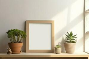 Cadre moquer en haut de Vide image permanent sur une étagère avec succulent plante ou cactus dans scandinave concept par ai généré photo