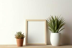 Cadre moquer en haut de Vide image permanent sur une étagère avec succulent plante ou cactus dans scandinave concept par ai généré photo