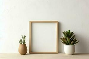 Cadre moquer en haut de Vide image permanent sur une étagère avec succulent plante ou cactus dans scandinave concept par ai généré photo