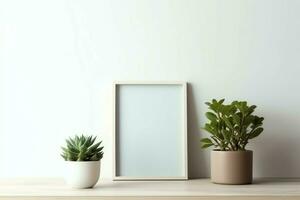 Cadre moquer en haut de Vide image permanent sur une étagère avec succulent plante ou cactus dans scandinave concept par ai généré photo