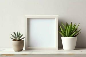 Cadre moquer en haut de Vide image permanent sur une étagère avec succulent plante ou cactus dans scandinave concept par ai généré photo