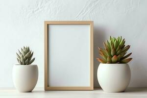 Cadre moquer en haut de Vide image permanent sur une étagère avec succulent plante ou cactus dans scandinave concept par ai généré photo