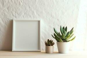 Cadre moquer en haut de Vide image permanent sur une étagère avec succulent plante ou cactus dans scandinave concept par ai généré photo
