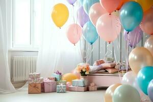 de fête anniversaire fête décorations sur table avec gâteau, présent des boites et des ballons sur pastel Couleur concept par ai généré photo