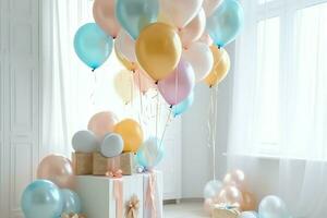 de fête anniversaire fête décorations sur table avec gâteau, présent des boites et des ballons sur pastel Couleur concept par ai généré photo