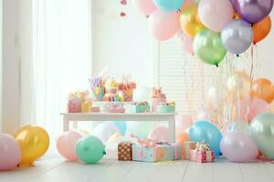 de fête anniversaire fête décorations sur table avec gâteau, présent des boites et des ballons sur pastel Couleur concept par ai généré photo