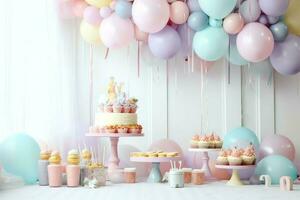 de fête anniversaire fête décorations sur table avec gâteau, présent des boites et des ballons sur pastel Couleur concept par ai généré photo