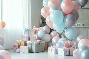 de fête anniversaire fête décorations sur table avec gâteau, présent des boites et des ballons sur pastel Couleur concept par ai généré photo