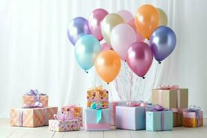 de fête anniversaire fête décorations sur table avec gâteau, présent des boites et des ballons sur pastel Couleur concept par ai généré photo